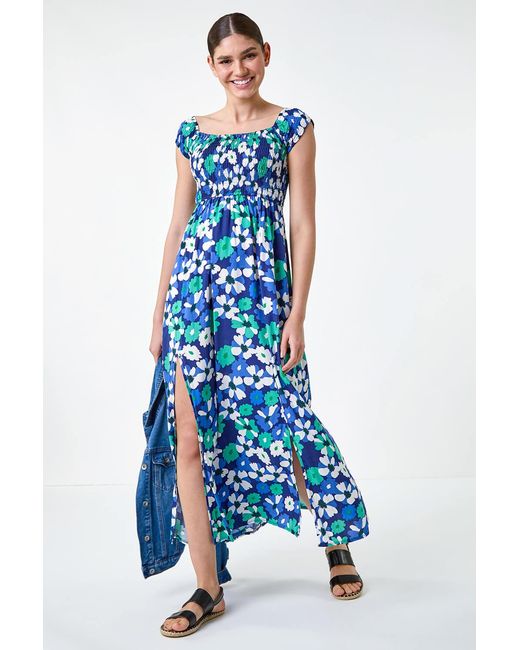 Roman Blue Floral Shirred Bardot Maxi Dress