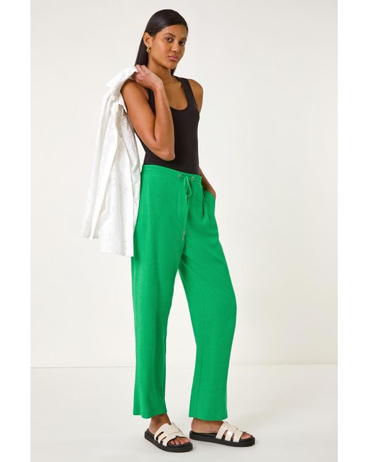 Roman Green Elastic Waist Tie Front Linen Mix Trouser
