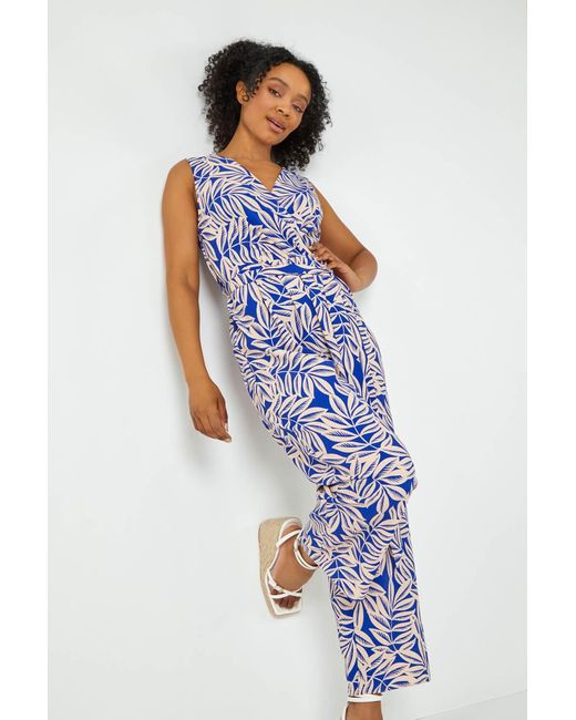 Roman Petite Blue Leaf Print Wrap Jumpsuit
