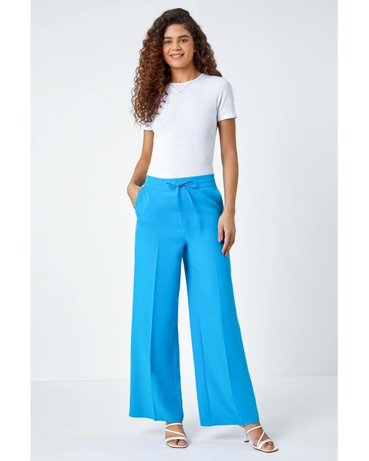 Roman Blue Wide Leg Elastic Waist Tie Front Trouser