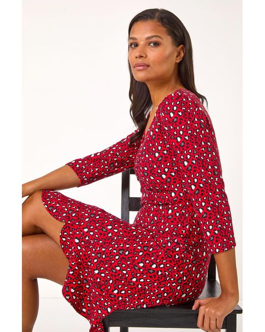 Roman Red Animal Print V-Neck Ruched Stretch Dress