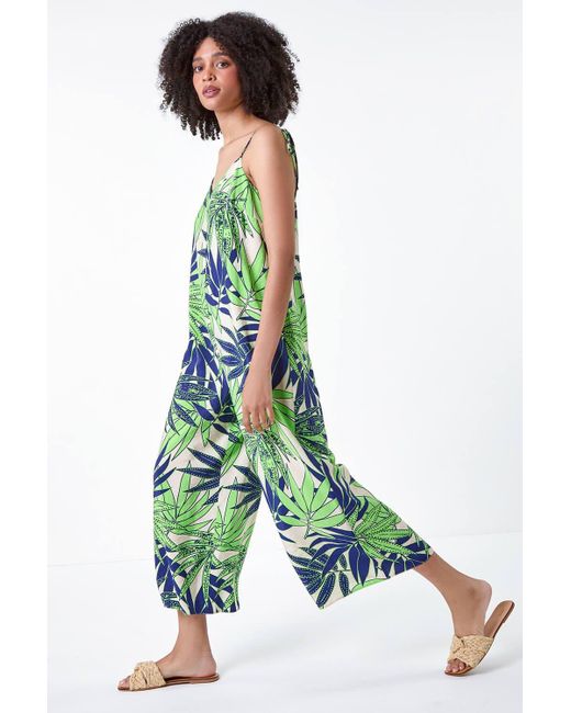 Roman Green Tropical Leaf Cropped Jumpsuit