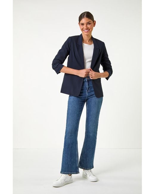 Roman Blue Ruched 3/4 Sleeve Blazer Jacket