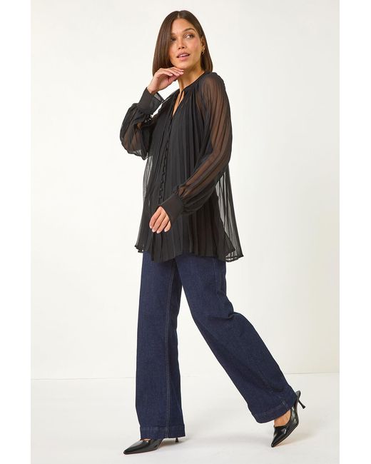 Roman Black V-Neck Pleated Blouse