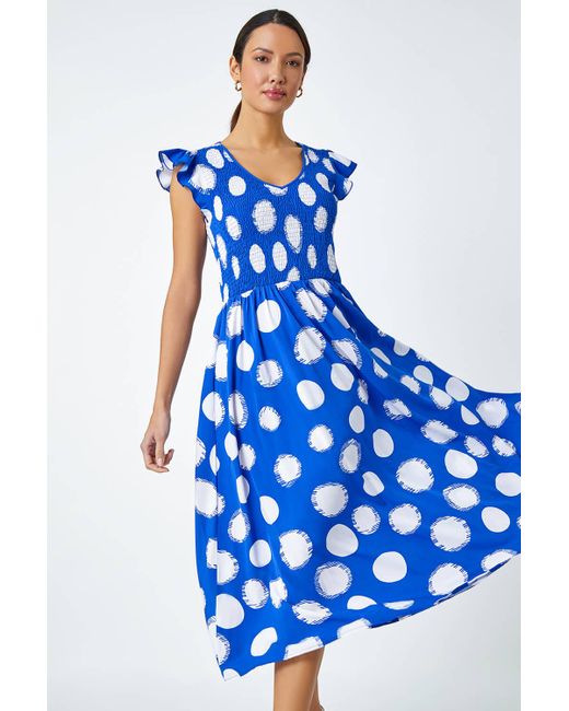 Roman Blue Polka Dot Shirred Stretch Midi Dress