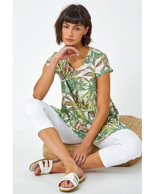 Roman Multicolor Tropical Print Hanky Hem Tunic Top