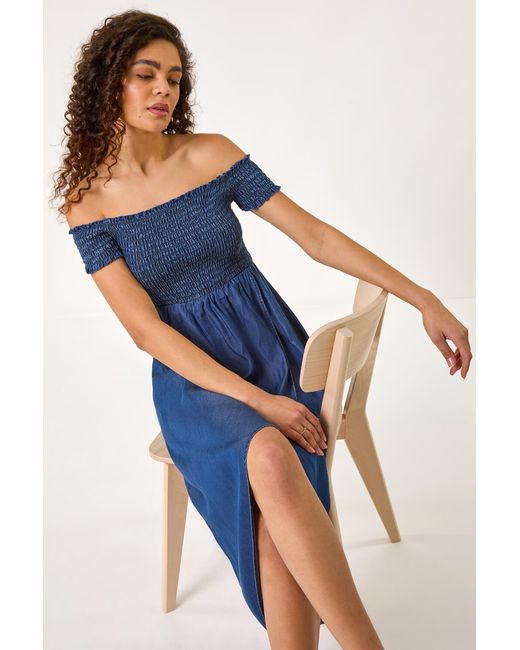 Roman Blue Bardot Shirred Maxi Dress