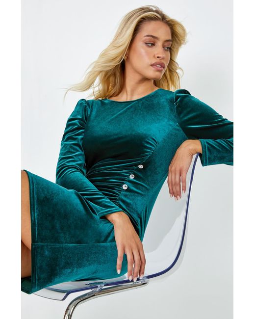 D.u.s.k Blue Velvet Button Detail Ruched Stretch Dress