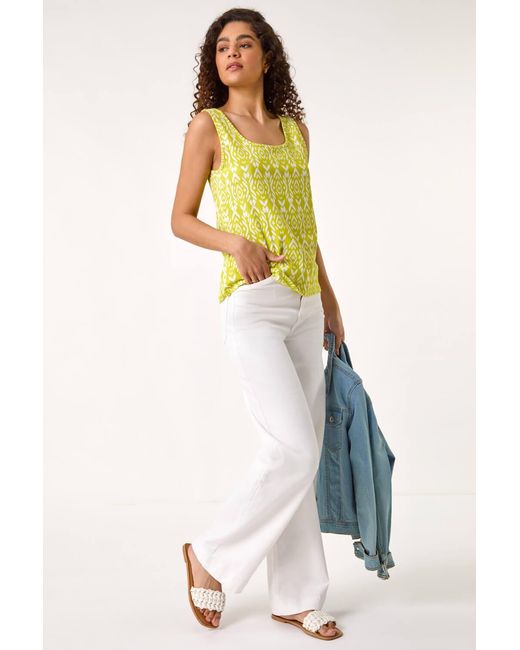 Roman Yellow Ikat Print Textured Vest Top