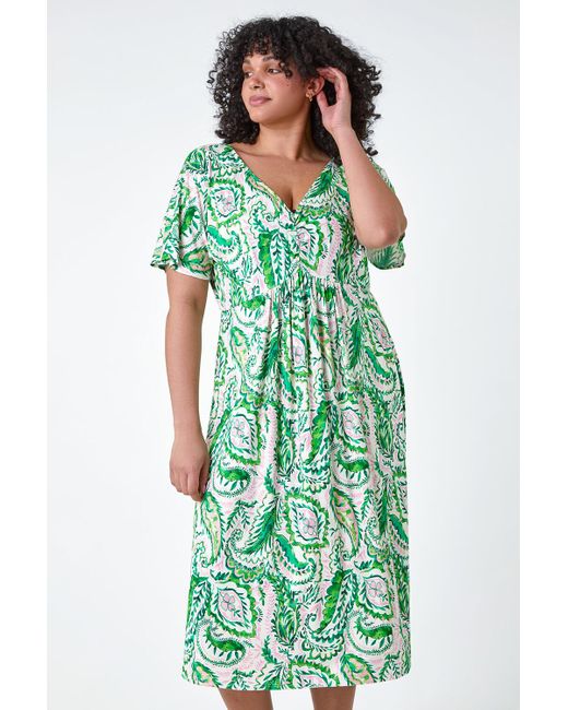 Roman Green Curve Ruched Front Paisley Print Dress
