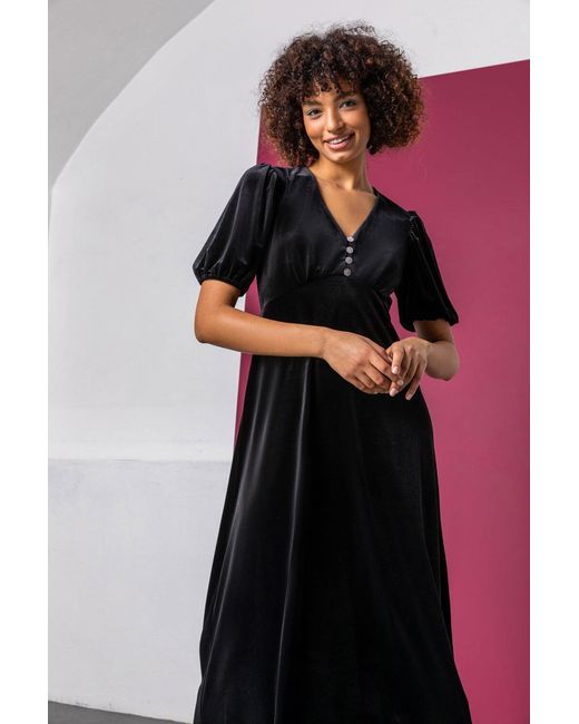 D.u.s.k Black Velvet Button Detail Fit & Flare Dress