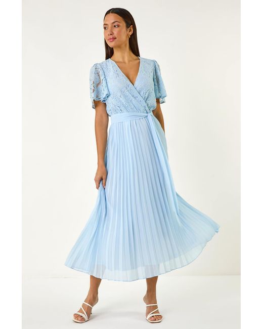 Roman Blue Lace Detail Wrap Midi Dress