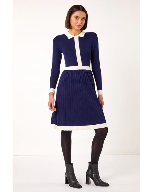 Roman Blue Contrast Collar Knitted Dress