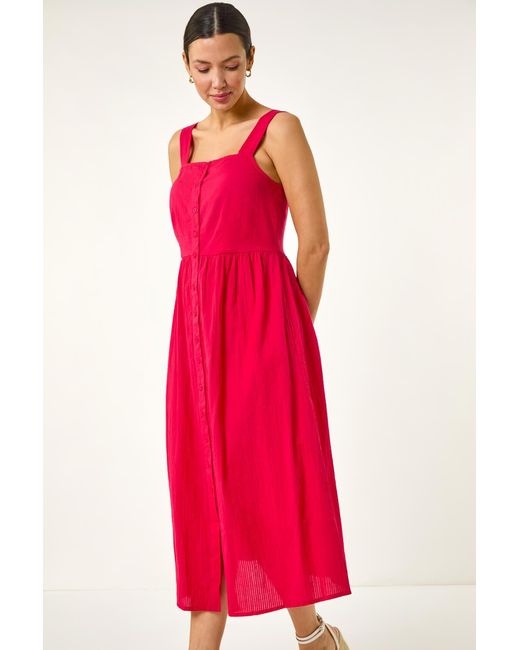 Roman Red Seersucker Button Midi Sundress
