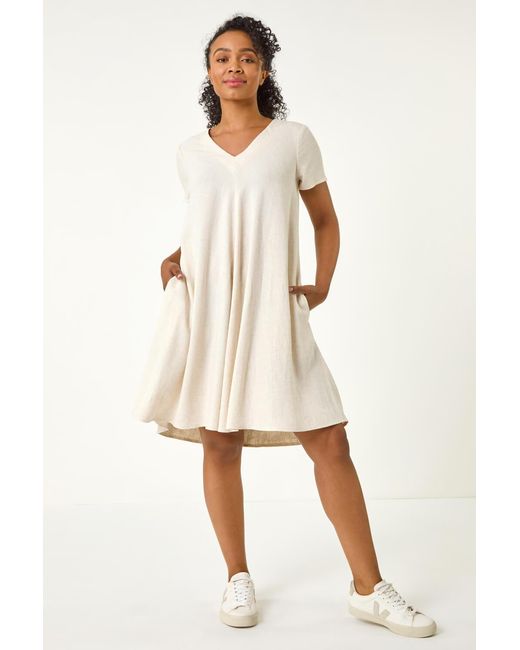 Roman Petite Natural V-Neck Swing Pocket Dress