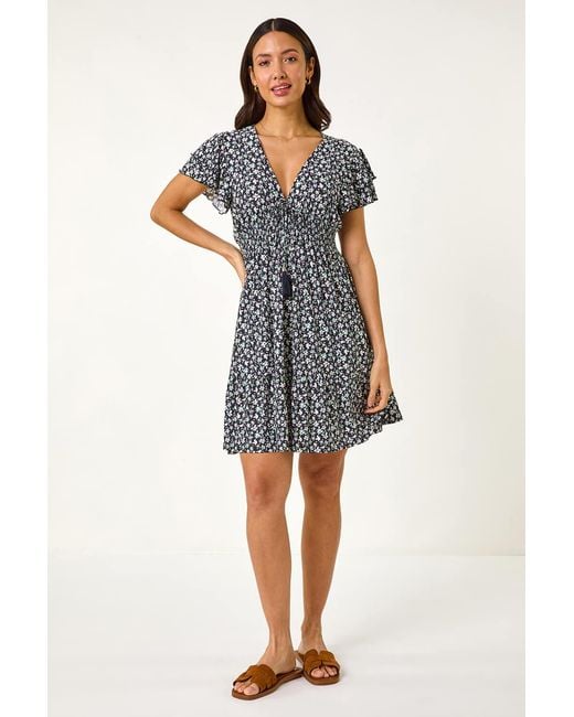 Roman Blue Ditsy Frill Stretch Dress