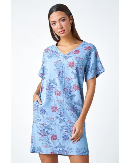 Roman Blue Floral Print Denim Look Pocket Dress