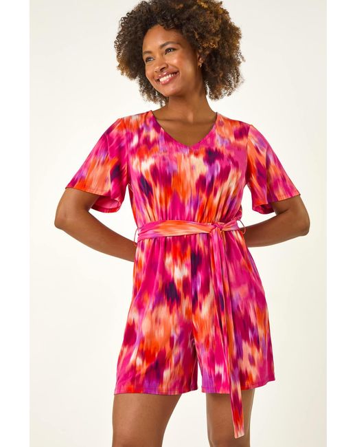 Roman Red Abstract Print Belted Playsuit