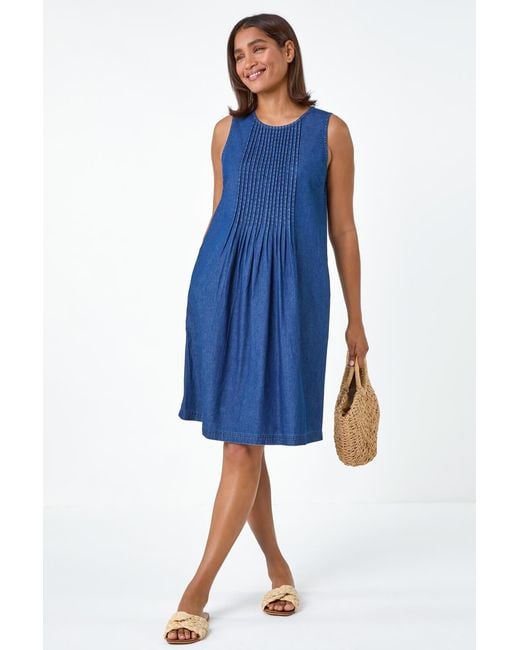 Roman Blue Denim Pintuck Detail Pocket Dress