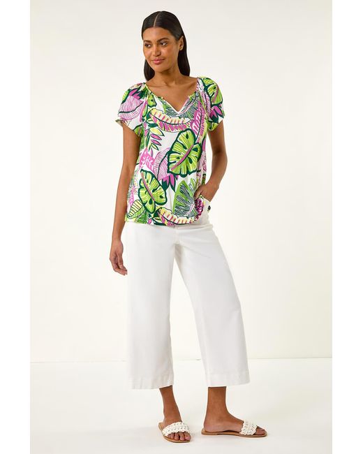 Roman Pink Leaf Print V-Neck Stretch Top