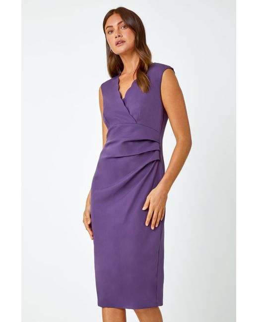Roman Purple Sleeveless Pleated Stretch Ruched Dress