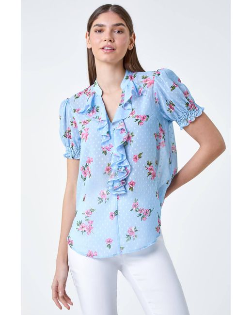 Roman Blue Textured Spot Floral Print V-Neck Frill Top