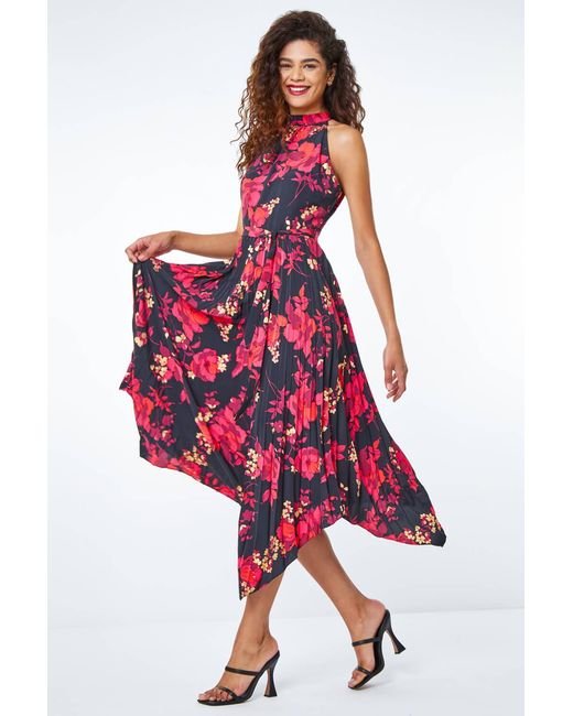 Roman Red Floral Pleated Halter Neck Midi Dress