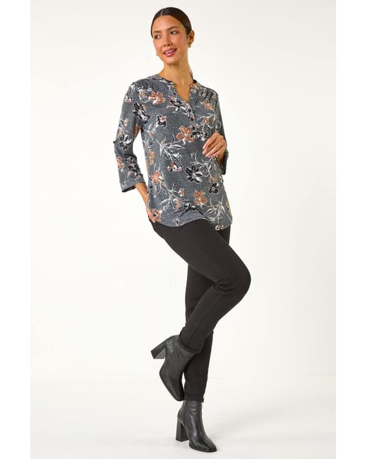 Roman Gray Floral Textured Print Stretch Blouse