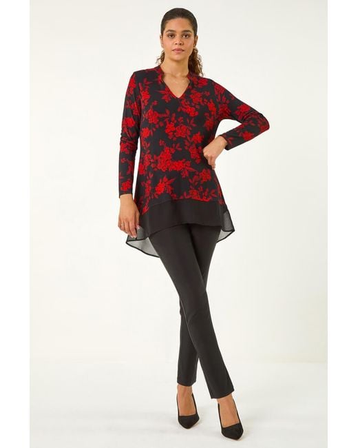 Roman Red Floral Chiffon Hem Blouse