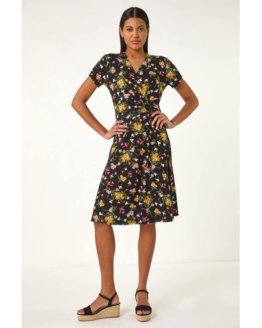 Roman Pink Floral Stretch Ring Detail Midi Dress
