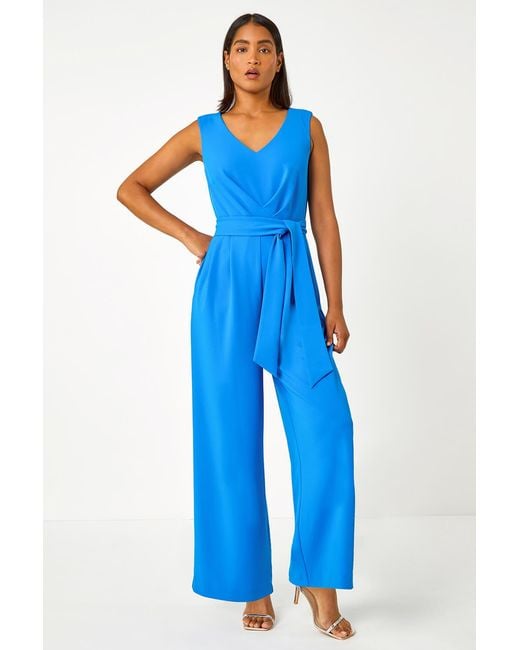 Roman Blue Pleat Detail Wide Leg Stretch Jumpsuit