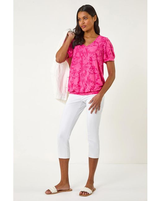 Roman Pink Textured Floral Blouson Hem Stretch Top