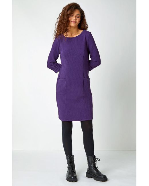 Roman Purple Textured Cotton Blend Shift Stretch Dress
