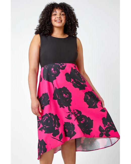 Roman Curve Pink Premium Stretch Floral Midi Dress