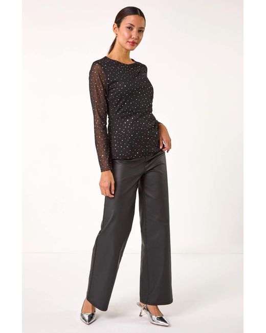 Roman Black Sequin Spot Mesh Ruched Top