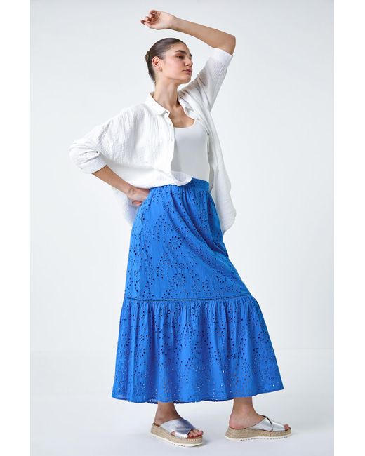 Roman Blue Cotton Broderie Pocket Midi Skirt