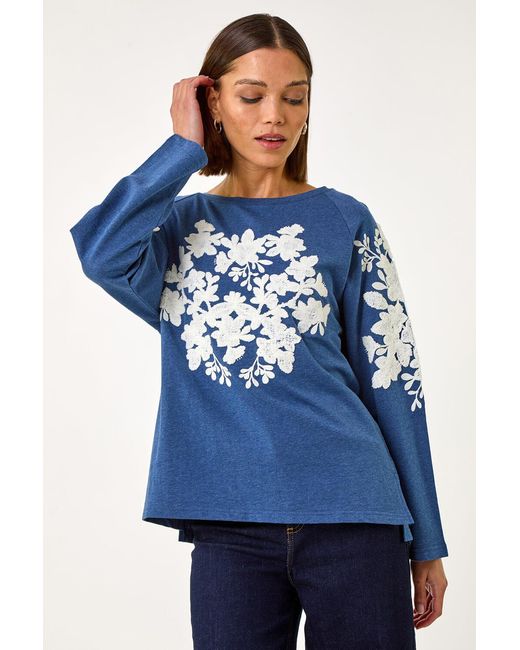 Roman Blue Floral Applique Detail Stretch Top