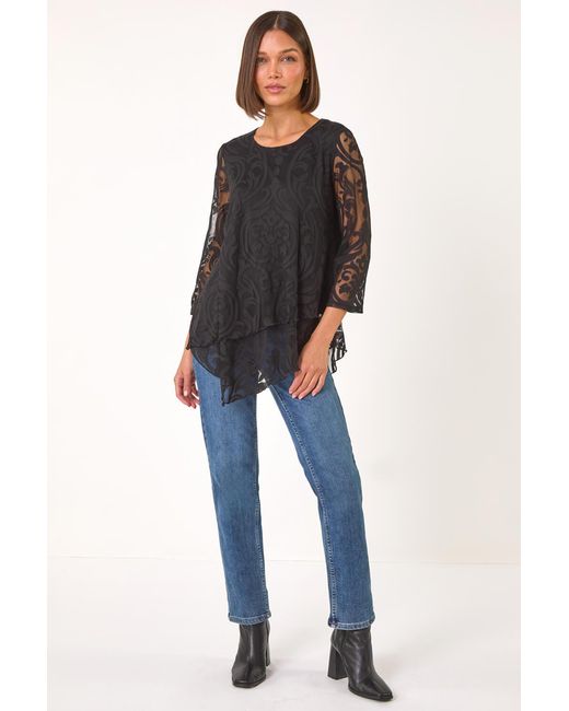 Roman Black Burnout Print Asymmetric Stretch Top