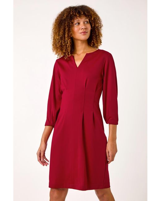 Roman Red Ponte Stretch Notch Neck Midi Dress