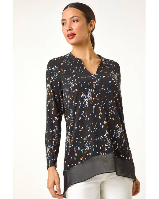Roman Black Abstract Print V-Neck Tunic Top