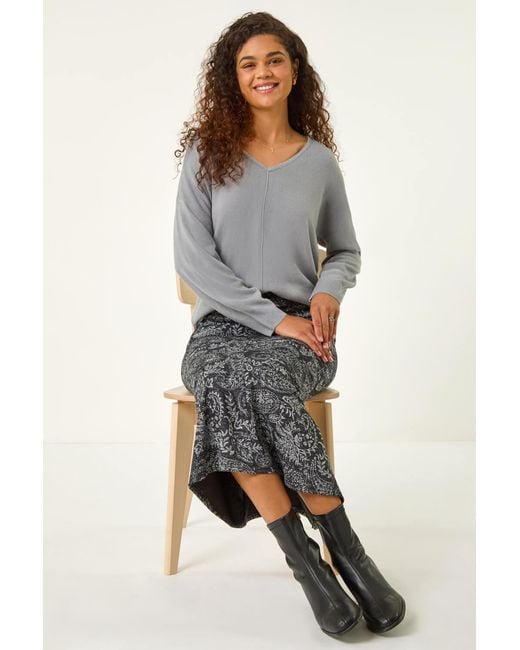 Roman Gray Leaf Print Panelled Tulip Skirt