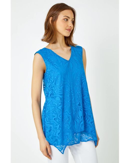 Roman Blue Sleeveless Textured Swirl Print Top