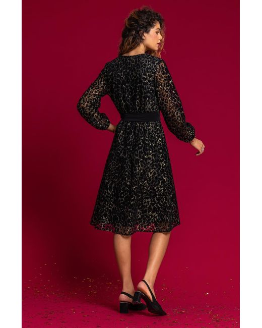 Roman Black Leopard Print Shimmer Lace Wrap Skater Dress