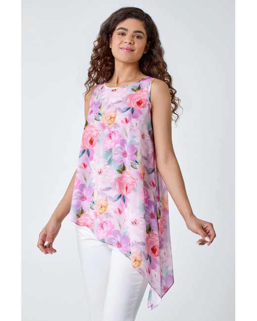 Roman White Floral Asymmetric Top