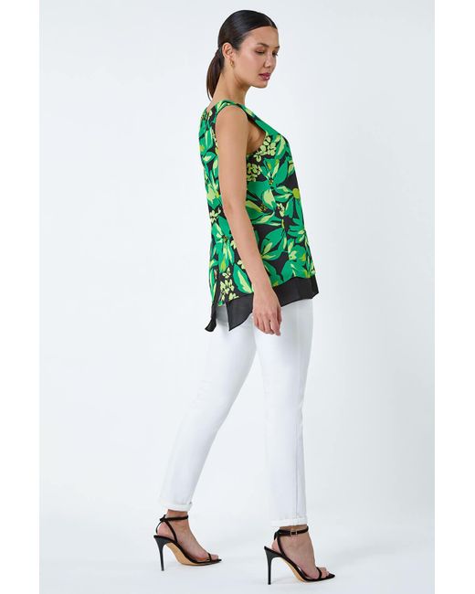 Roman Green Floral Print V-Neck Double Layer Vest Top