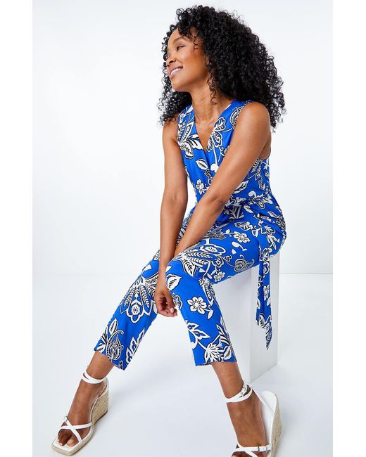 Roman Petite Blue Wrap Front Belted Jumpsuit