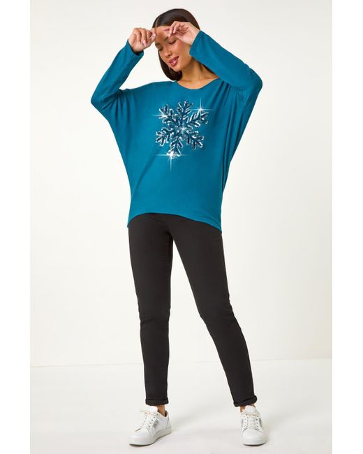 Roman Blue Embellished Snowflake Stretch Top