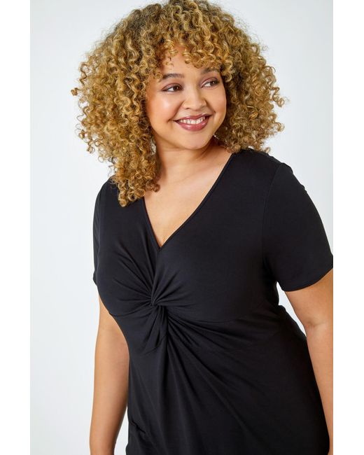 Roman Curve Black Twist Front V-Neck Stretch Top