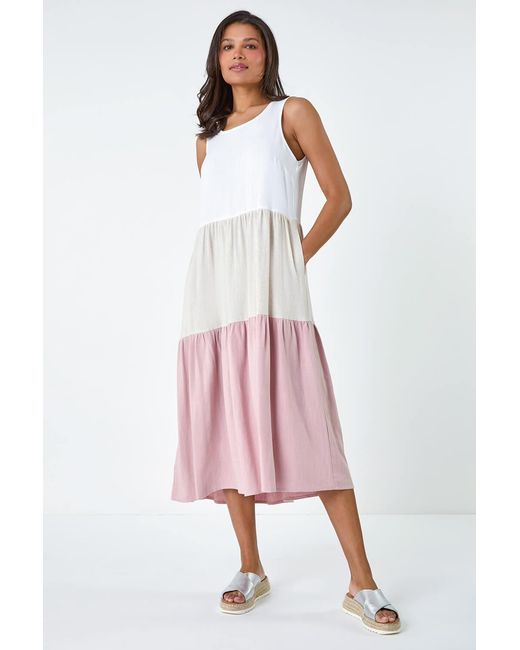 Roman Pink Colour Block Tiered Linen Blend Midi Dress