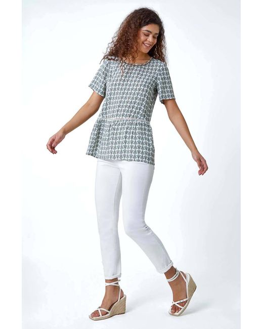 Roman Blue Abstract Print Sequin Peplum Top